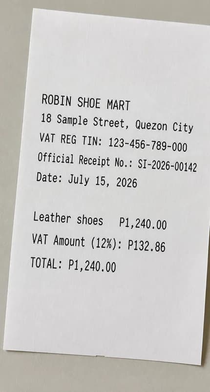 Sample receipt: Robin Shoe Mart
